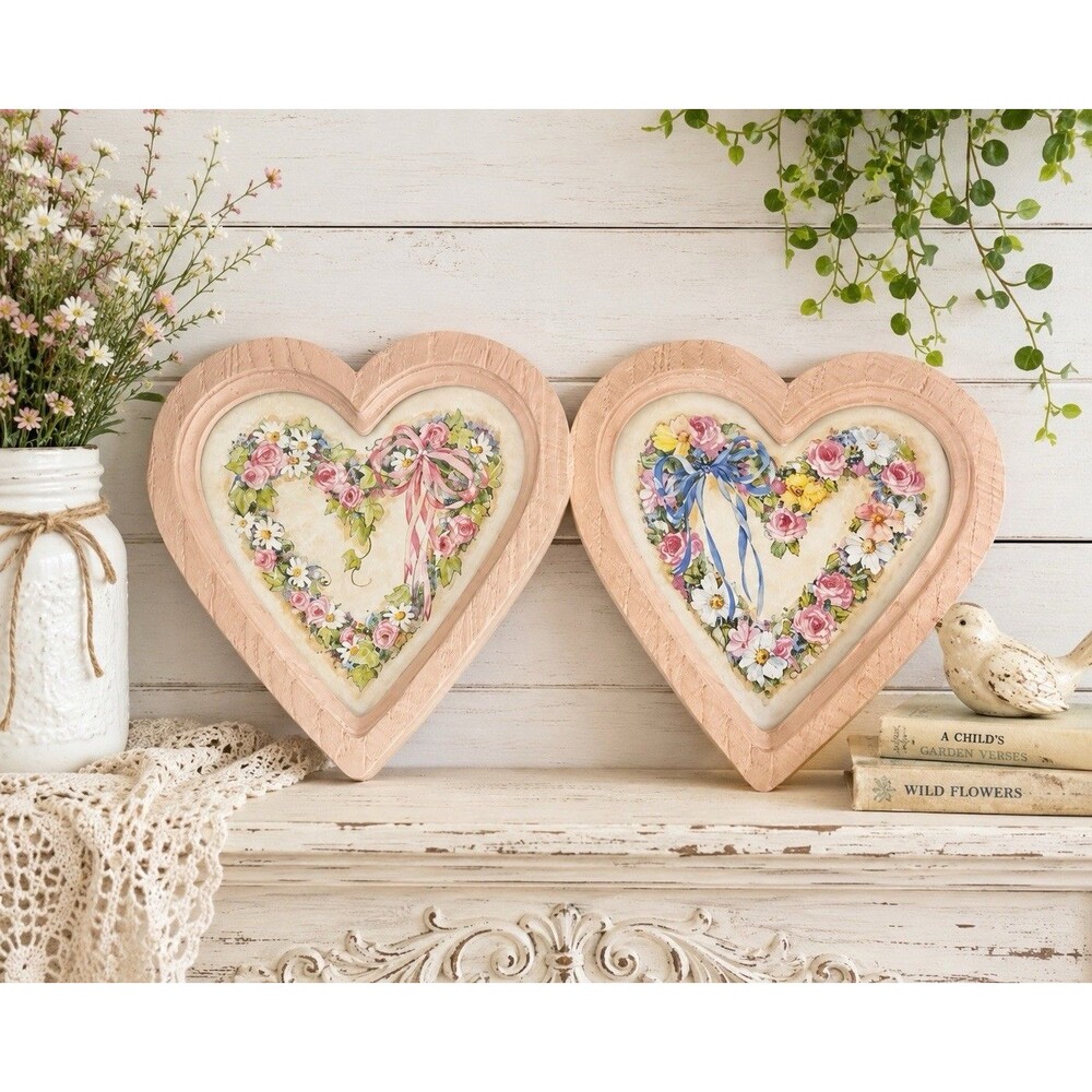 Vintage Homco Cottagecore Heart Floral Wall Plaques Set Pink Wood Look 1987